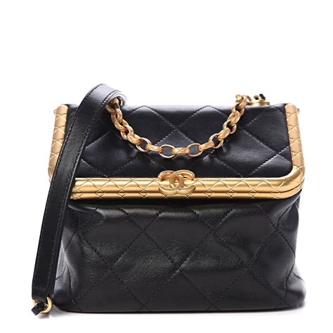 CHANEL Lambskin Quilted Trio Kiss Lock Clutch With 